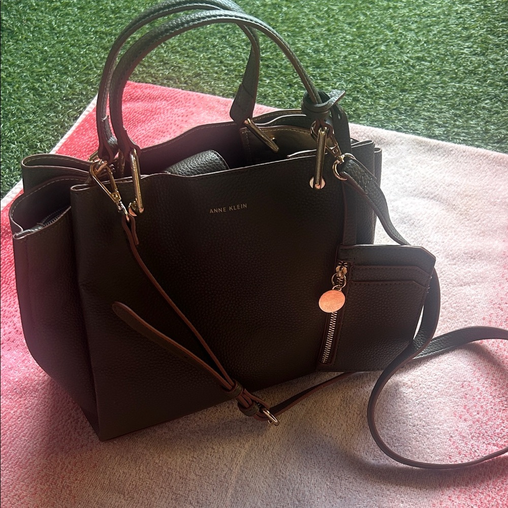 Anne Klein Black Leather Tote with Gold Hardware